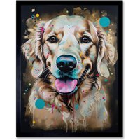 Artery8 Wall Art Print Happy Smiling Golden Retriever Dog Portrait Art Framed in Black | Size: W12" x H16"