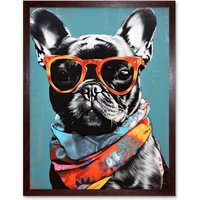 Artery8 Wall Art Print English Bulldog Wearing Bandana & Sunglasses Art Framed in Brown | Size: W12" x H16"