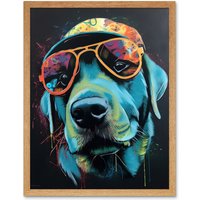 Artery8 Wall Art Print Labrador Retriever with Sunglasses & Hat Art Framed in Light Oak | Size: W12" x H16"