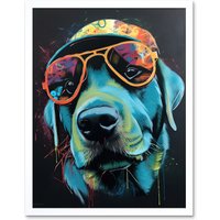 Artery8 Wall Art Print Labrador Retriever with Sunglasses & Hat Art Framed in White | Size: W12" x H16"