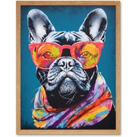 Artery8 Wall Art Print English Bulldog with Neon Bandana & Sunglasses Art Framed in Light Oak | Size: W12" x H16"