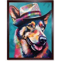 Artery8 Wall Art Print German Shepherd with Fedora Hat Vibrant Portrait Art Framed in Brown | Size: W12" x H16"