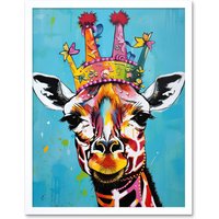 Artery8 Wall Art Print Giraffe Wearing Princess Crown Modern Folk Art Framed in White | Size: W12" x H16"