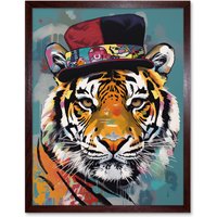 Artery8 Wall Art Print Tiger Wearing Soft Felt Top Hat Modern Folk Art Framed in Brown | Size: W12" x H16"