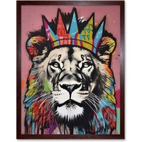 Artery8 Wall Art Print Lion with Crown King of the Jungle Modern Pop Art Framed in Brown | Size: W12" x H16"