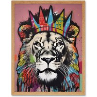Artery8 Wall Art Print Lion with Crown King of the Jungle Modern Pop Art Framed in Light Oak | Size: W12" x H16"
