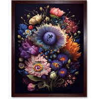 Artery8 Wall Art Print Flower Bouquet Purple Pink Orange Floral Art Framed in Brown | Size: W12" x H16"