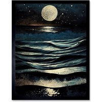 Artery8 Wall Art Print Full Moon Rising Over Clear Night Sky Tidal Waves Art Framed in Black | Size: W12" x H16"