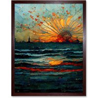 Artery8 Wall Art Print Seascape Sunset Port City Waves Horizon Art Framed in Brown | Size: W12" x H16"