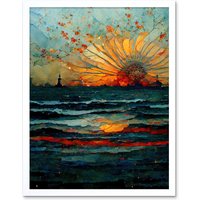 Artery8 Wall Art Print Seascape Sunset Port City Waves Horizon Art Framed in White | Size: W12" x H16"