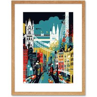 Artery8 Wall Art Print London Iconic Landmarks Modern Abstract Cityscape Artwork Framed 9X7 Inch in Beige | Size: W7" x H9"