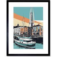 Artery8 Wall Art Print Portsmouth Historic Dockyard Modern Linocut Style Artwork Framed 9X7 Inch in Black | Size: W7" x H9"