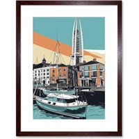 Artery8 Wall Art Print Portsmouth Historic Dockyard Modern Linocut Style Artwork Framed 9X7 Inch in Brown | Size: W7" x H9"