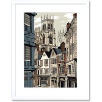 Artery8 Wall Art Print Shambles Street Cityscape with York Minster Towers Artwork Framed 9X7 Inch in White | Size: W7" x H9"