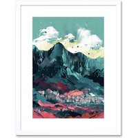 Artery8 Wall Art Print Town Below Tall Mountain Cliffs Coral & Teal Artwork Framed 9X7 Inch in White | Size: W7" x H9"