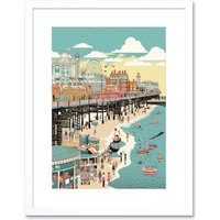 Artery8 Wall Art Print Brighton Beach Pier & Sandy Summer Scene Artwork Framed 9X7 Inch in White | Size: W7" x H9"