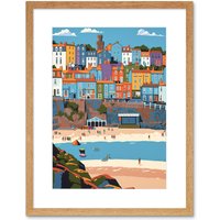 Artery8 Wall Art Print Tenby Castle Beach in Wales Colourful Townscape Artwork Framed 9X7 Inch in Beige | Size: W7" x H9"