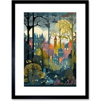 Artery8 Wall Art Print Village Through Sherwood Forest Tree Landscape Artwork Framed 9X7 Inch in Black | Size: W7" x H9"