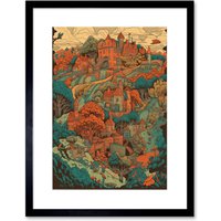 Artery8 Wall Art Print Village in Forest Coral & Teal Blue Artwork Framed 9X7 Inch in Black | Size: W7" x H9"