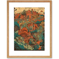 Artery8 Wall Art Print Village in Forest Coral & Teal Blue Artwork Framed 9X7 Inch in Beige | Size: W7" x H9"