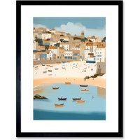 Artery8 Wall Art Print Small Boats in St Ives Bay Coastal Cityscape Artwork Framed 9X7 Inch in Black | Size: W7" x H9"