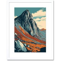 Artery8 Wall Art Print Tryfan Mountain Peak Landscape Teal Brown Linocut Artwork Framed 9X7 Inch in White | Size: W7" x H9"