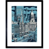 Artery8 Wall Art Print Belfast Cityscape City Centre Hall Linocut Style Artwork Framed 9X7 Inch in Black | Size: W7" x H9"