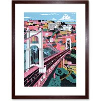 Artery8 Wall Art Print Clifton Suspension Bridge Pink & Teal Cityscape Artwork Framed 9X7 Inch in Brown | Size: W7" x H9"