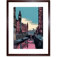 Artery8 Wall Art Print Leeds Canal Cityscape Pink & Teal Artwork Framed 9X7 Inch in Brown | Size: W7" x H9"