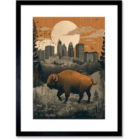 Artery8 Wall Art Print Bison in Forest by Urban Cityscape Modern Landscape Artwork Framed 9X7 Inch in Black | Size: W7" x H9"