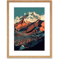 Artery8 Wall Art Print Modern City Surrounded by Tall Mountains Landscape Artwork Framed 9X7 Inch in Beige | Size: W7" x H9"