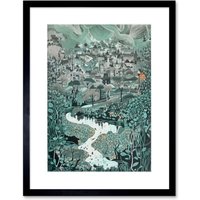 Artery8 Wall Art Print Village Near River Forest Landscape Blue Linocut Artwork Framed 9X7 Inch in Black | Size: W7" x H9"