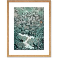 Artery8 Wall Art Print Village Near River Forest Landscape Blue Linocut Artwork Framed 9X7 Inch in Beige | Size: W7" x H9"