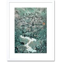 Artery8 Wall Art Print Village Near River Forest Landscape Blue Linocut Artwork Framed 9X7 Inch in White | Size: W7" x H9"