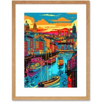 Artery8 Wall Art Print Vibrant Liverpool City Waterfront Sunset Cityscape Artwork Framed 9X7 Inch in Beige | Size: W7" x H9"