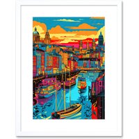 Artery8 Wall Art Print Vibrant Liverpool City Waterfront Sunset Cityscape Artwork Framed 9X7 Inch in White | Size: W7" x H9"
