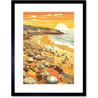 Artery8 Wall Art Print Summer Sunset at Busy Sandy Promenade Beach Artwork Framed 9X7 Inch in Black | Size: W7" x H9"