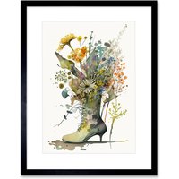Artery8 Wall Art Print Spring Wildflower Bouquet Stiletto Military Boot Artwork Framed 9X7 Inch in Black | Size: W7" x H9"