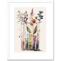 Artery8 Wall Art Print Wildflowers Rainbow Colour Water Glass Test Tubes Artwork Framed 9X7 Inch in White | Size: W7" x H9"