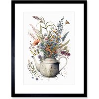Artery8 Wall Art Print Spring Wildflower Bouquet in White Ceramic Teapot Artwork Framed 9X7 Inch in Black | Size: W7" x H9"