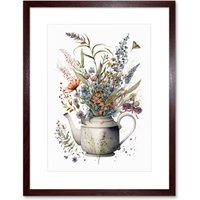 Artery8 Wall Art Print Spring Wildflower Bouquet in White Ceramic Teapot Artwork Framed 9X7 Inch in Brown | Size: W7" x H9"