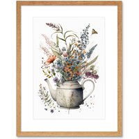 Artery8 Wall Art Print Spring Wildflower Bouquet in White Ceramic Teapot Artwork Framed 9X7 Inch in Beige | Size: W7" x H9"