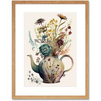 Artery8 Wall Art Print Flower Bouquet in a Floral Pattern Ceramic Teapot Artwork Framed 9X7 Inch in Beige | Size: W7" x H9"