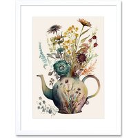 Artery8 Wall Art Print Flower Bouquet in a Floral Pattern Ceramic Teapot Artwork Framed 9X7 Inch in White | Size: W7" x H9"