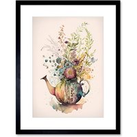 Artery8 Wall Art Print Wildflower Floral Spring Bouquet in a Teapot Vase Artwork Framed 9X7 Inch in Black | Size: W7" x H9"