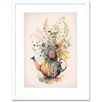 Artery8 Wall Art Print Wildflower Floral Spring Bouquet in a Teapot Vase Artwork Framed 9X7 Inch in White | Size: W7" x H9"