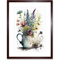 Artery8 Wall Art Print Spring Wildflower Floral Bouquet in a Teapot Vase Artwork Framed 9X7 Inch in Brown | Size: W7" x H9"