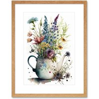 Artery8 Wall Art Print Spring Wildflower Floral Bouquet in a Teapot Vase Artwork Framed 9X7 Inch in Beige | Size: W7" x H9"