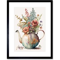 Artery8 Wall Art Print Flower Bouquet in a Floral Design Ceramic Teapot Artwork Framed 9X7 Inch in Black | Size: W7" x H9"