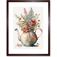 Artery8 Wall Art Print Flower Bouquet in a Floral Design Ceramic Teapot Artwork Framed 9X7 Inch in Brown | Size: W7" x H9"